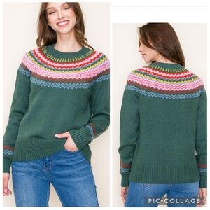 Fair Isle Staccato Forest Green Sweater with Multicolor Yoke size Medium
